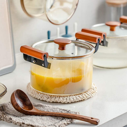 Olla de vidrio con mangos de madera - vista 1